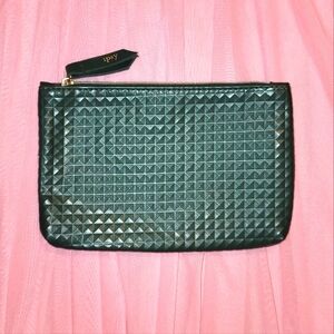 NEW Ipsy makeup bag; forest green embossed print; gold accents; rose pink lining